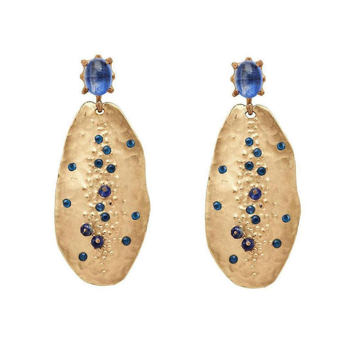 Gold Cypress Kyanite earrings with blue gemstone accents.