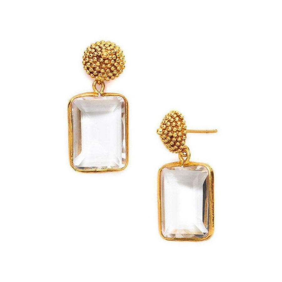 D'Argent Cap and Post Earrings: Clear quartz rectangle, gold beaded accents.