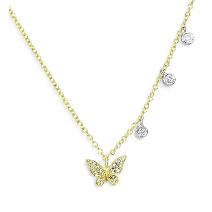Dainty diamond butterfly necklace with three dangling diamond accents.