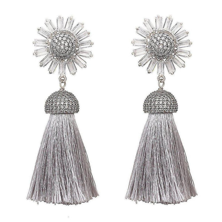 Silver Daisy Tassel Hoop Earrings with crystal accents