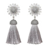 Silver Daisy Tassel Hoop Earrings with crystal accents
