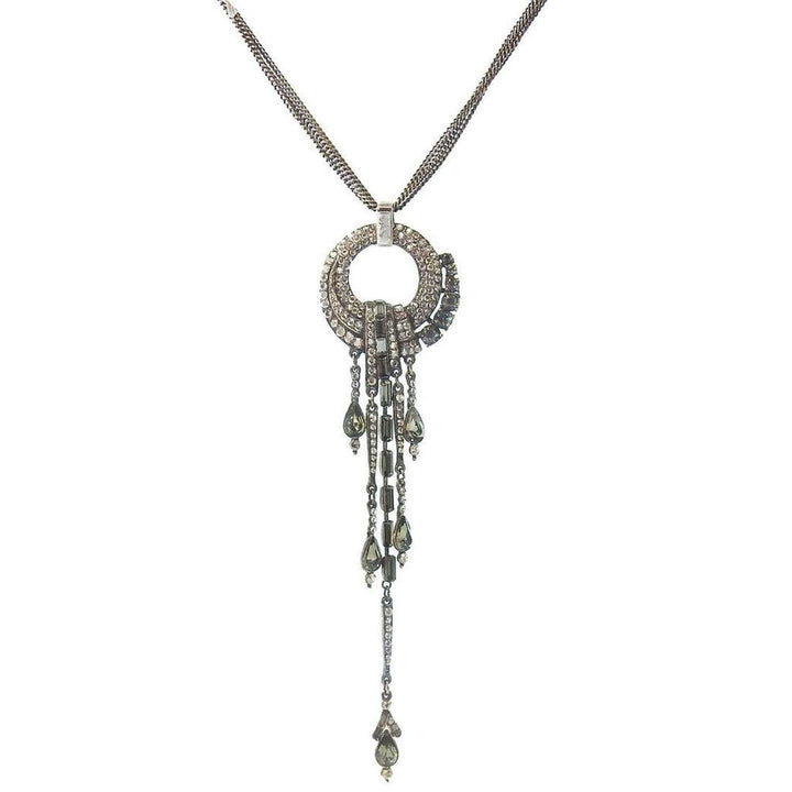 Elegant Deco pendant necklace with crystal and rhinestone accents.