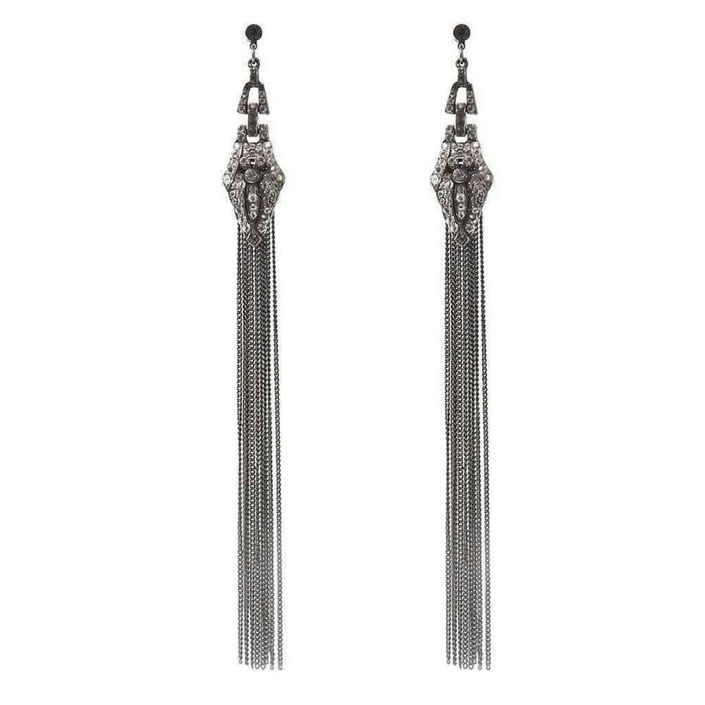 Deco Shoulder Duster Earrings: Long silver chain tassel earrings with crystal accents.