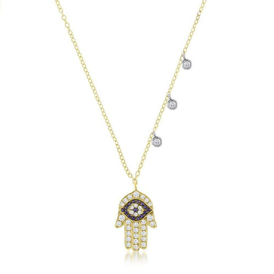 Diamond Hand of Fatima necklace with evil eye charm and three diamond accents.