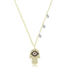 Diamond Hand of Fatima necklace with evil eye charm and three diamond accents.