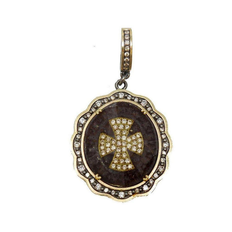 Diamond Inset St. Benedict Medallion pendant with black stone & gold cross.