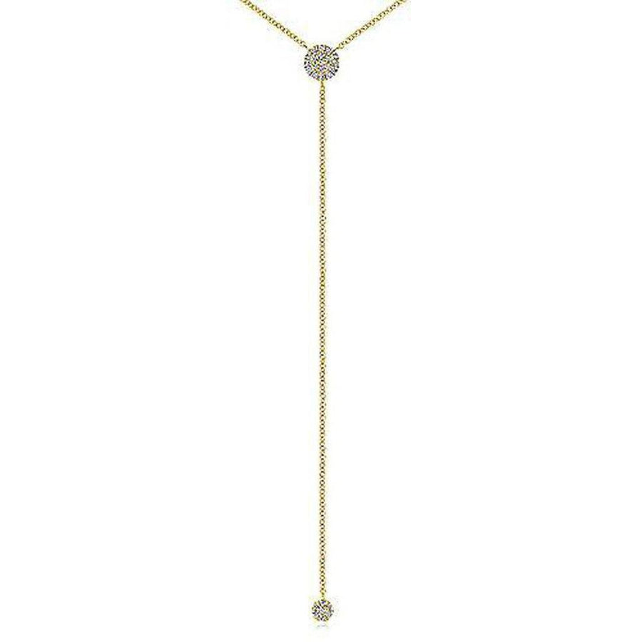 Gold diamond lariat necklace with two small pave diamond accents.