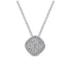 Elegant diamond pendant necklace featuring a cushion-cut cluster of shimmering diamonds.
