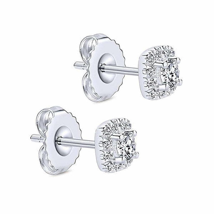 Square halo diamond stud earrings in white gold setting