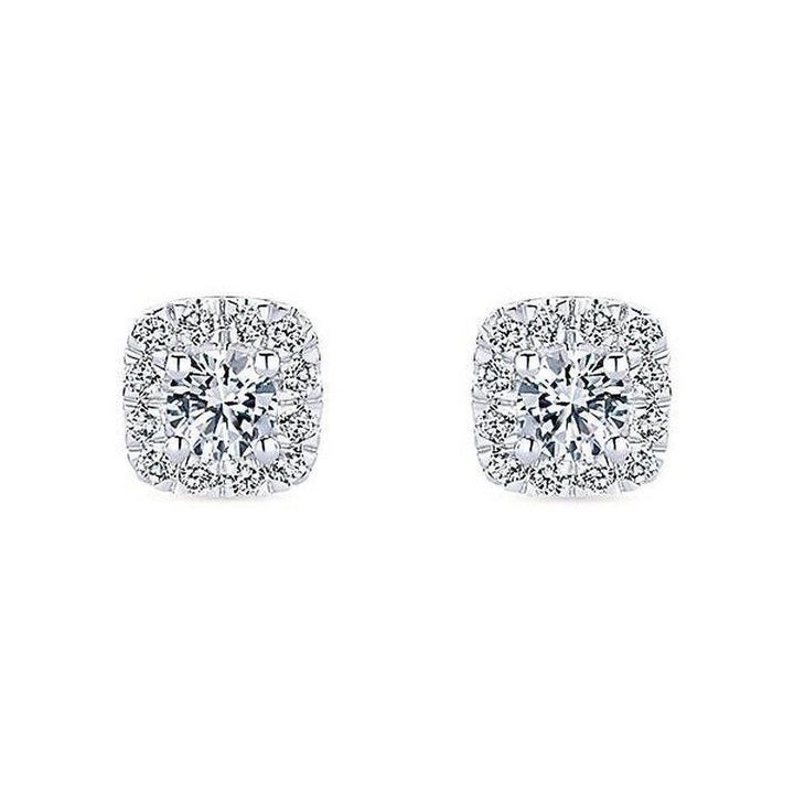 Diamond halo stud earrings with square-shaped settings.