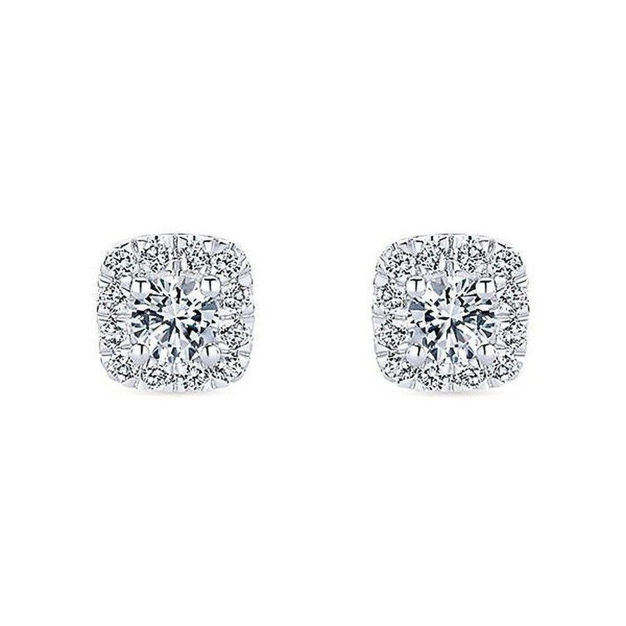 Diamond halo stud earrings with square-shaped settings.