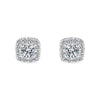 Diamond halo stud earrings with square-shaped settings.