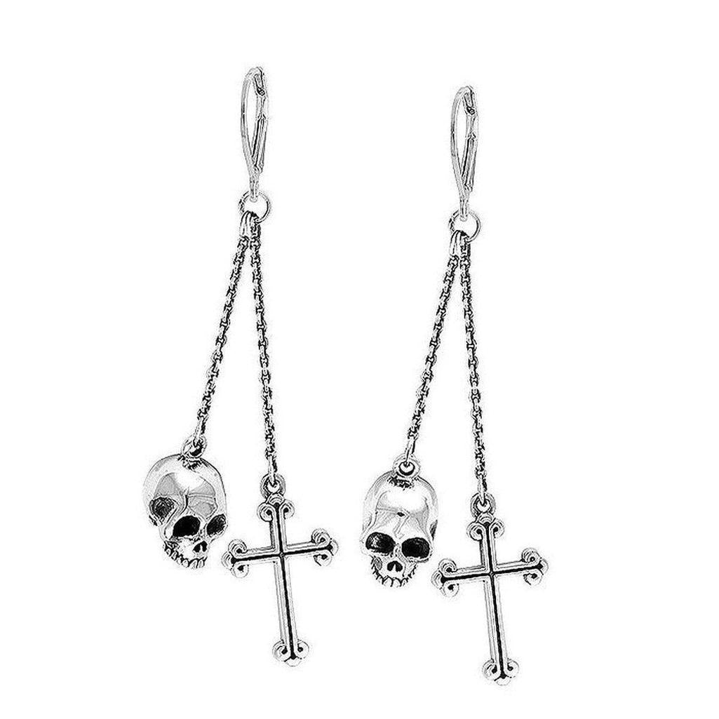 Silver Hamlet Skull & Cross Double Chain Earrings