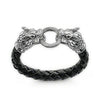 Black leather braided bracelet with silver dragon head clasp.