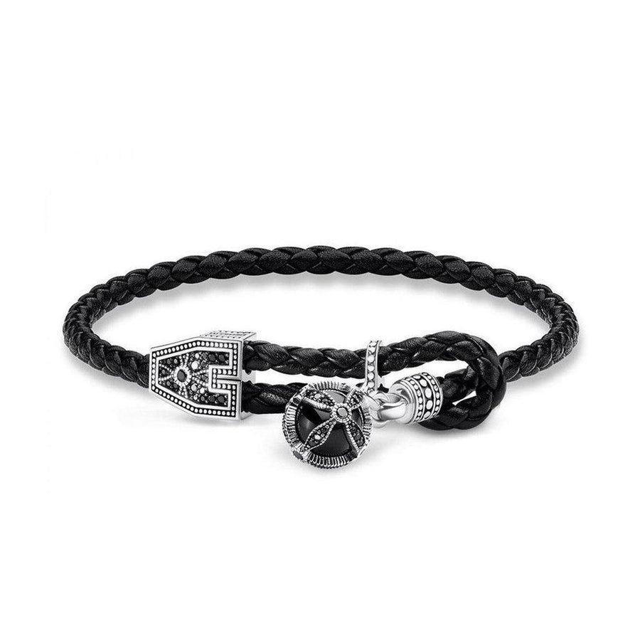 Black leather double wrap bracelet with silver ornate clasp and onyx charm.