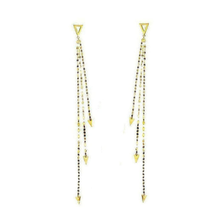 Gold Elite Tri Vista earrings: long, three-chain design with triangle accents.