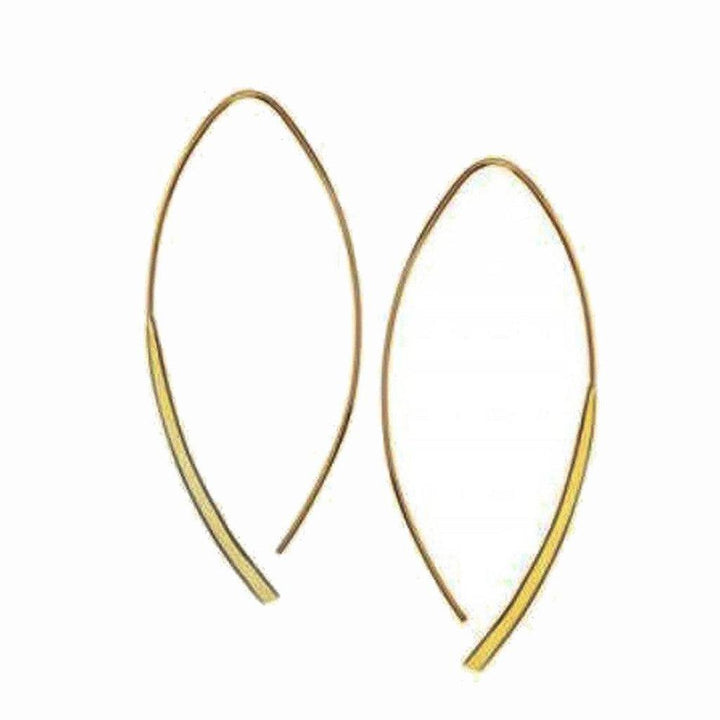 Gold elliptical hoop earrings; minimalist design.