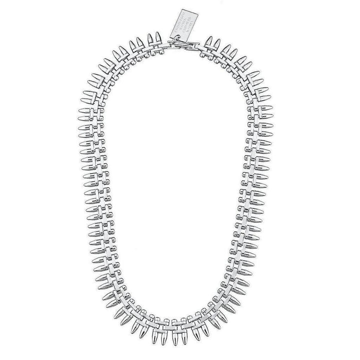 Silver bullet-shaped necklace, modern design, on white background.