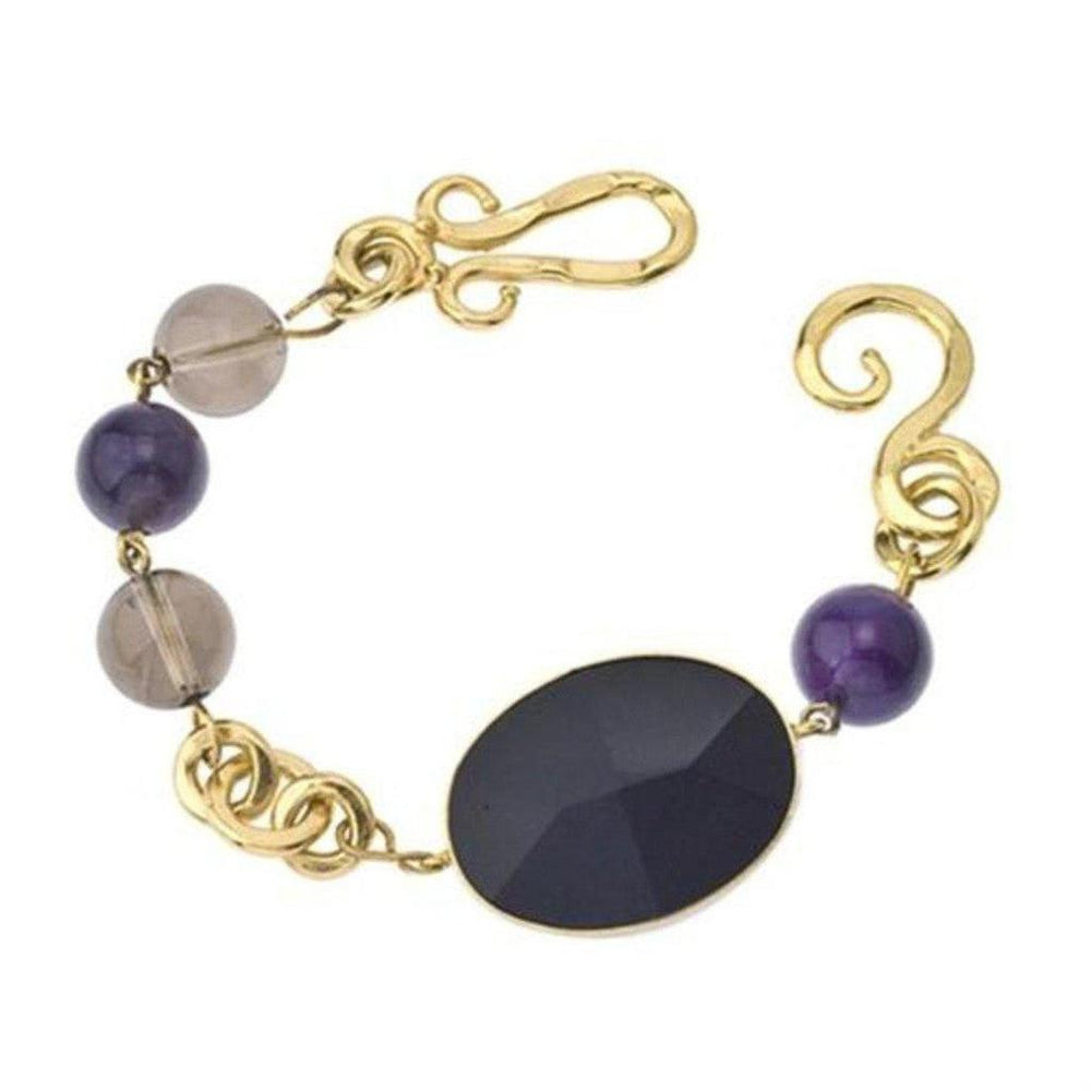 Gold chain bracelet extender featuring onyx and amethyst beads.