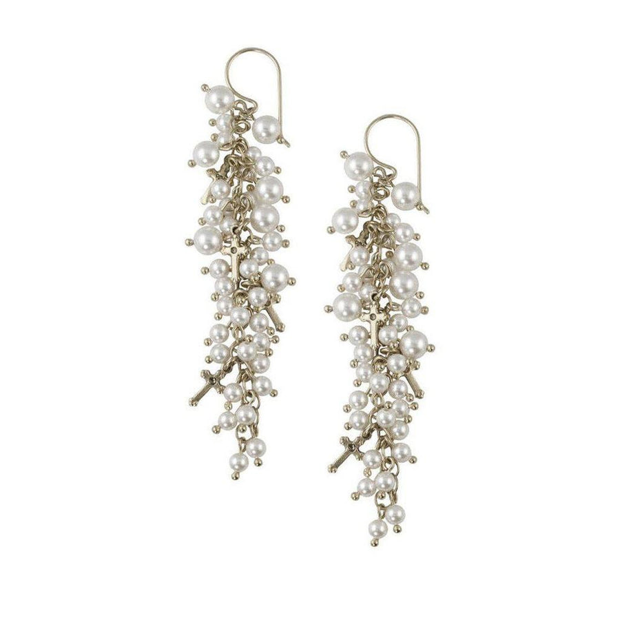 Empress pearl & gold cross earrings: cascading design