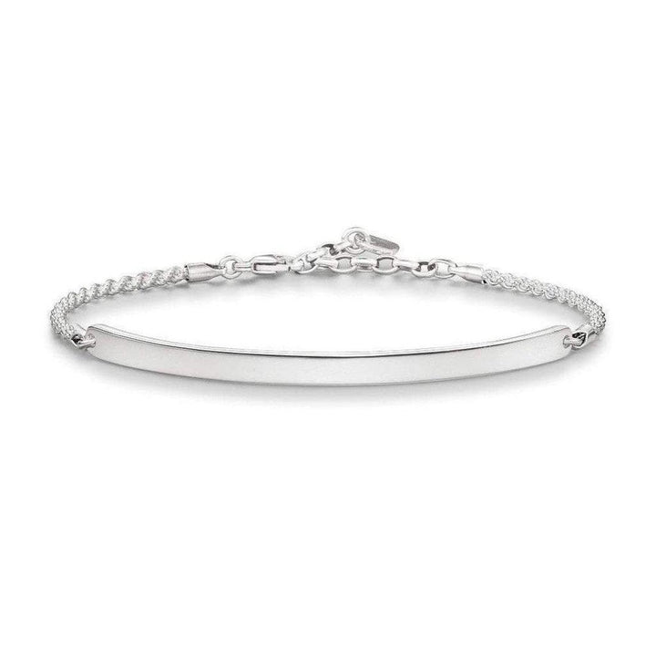 Engravable silver long bar bracelet with chain detail, perfect for personalization.