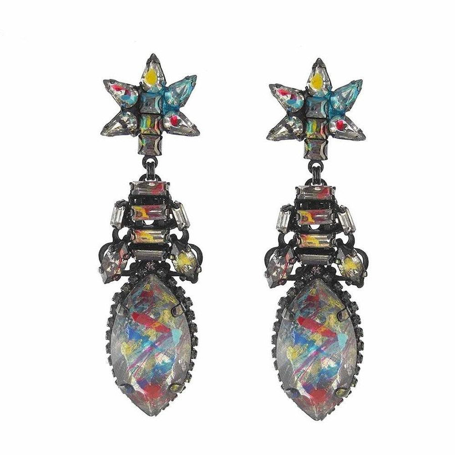 Erdem Collaboration multi-color crystal statement earrings with star and teardrop designs.