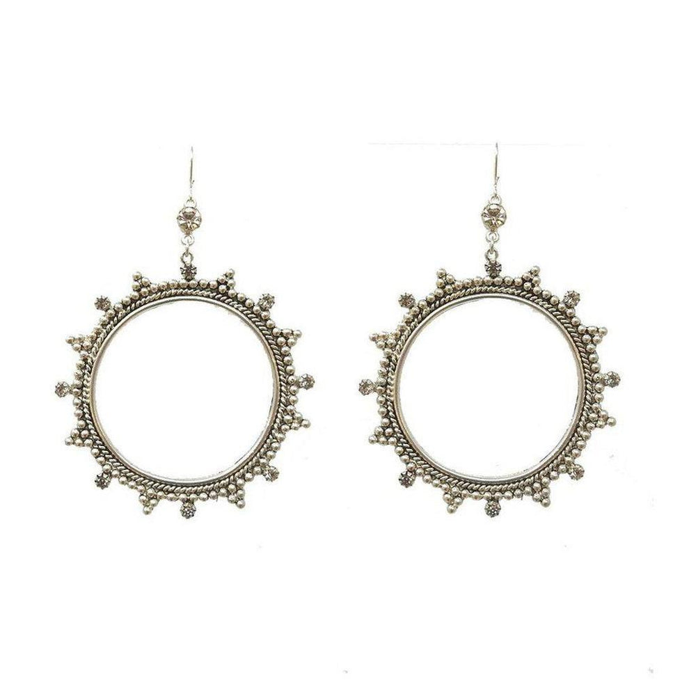 Silver hoop earrings with beaded and rhinestone accents.