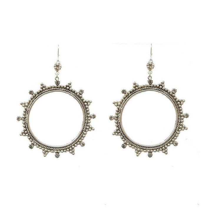 Silver hoop earrings with beaded and rhinestone accents.