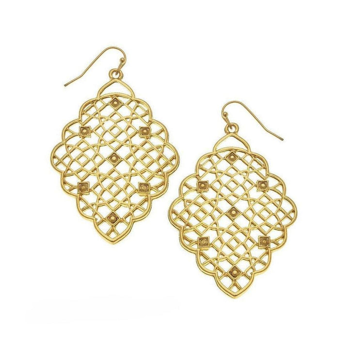 Gold filigree dangle earrings with intricate lattice design.