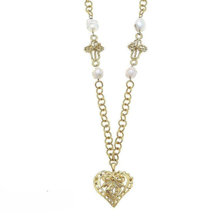 Gold filigree heart pendant necklace with freshwater pearls