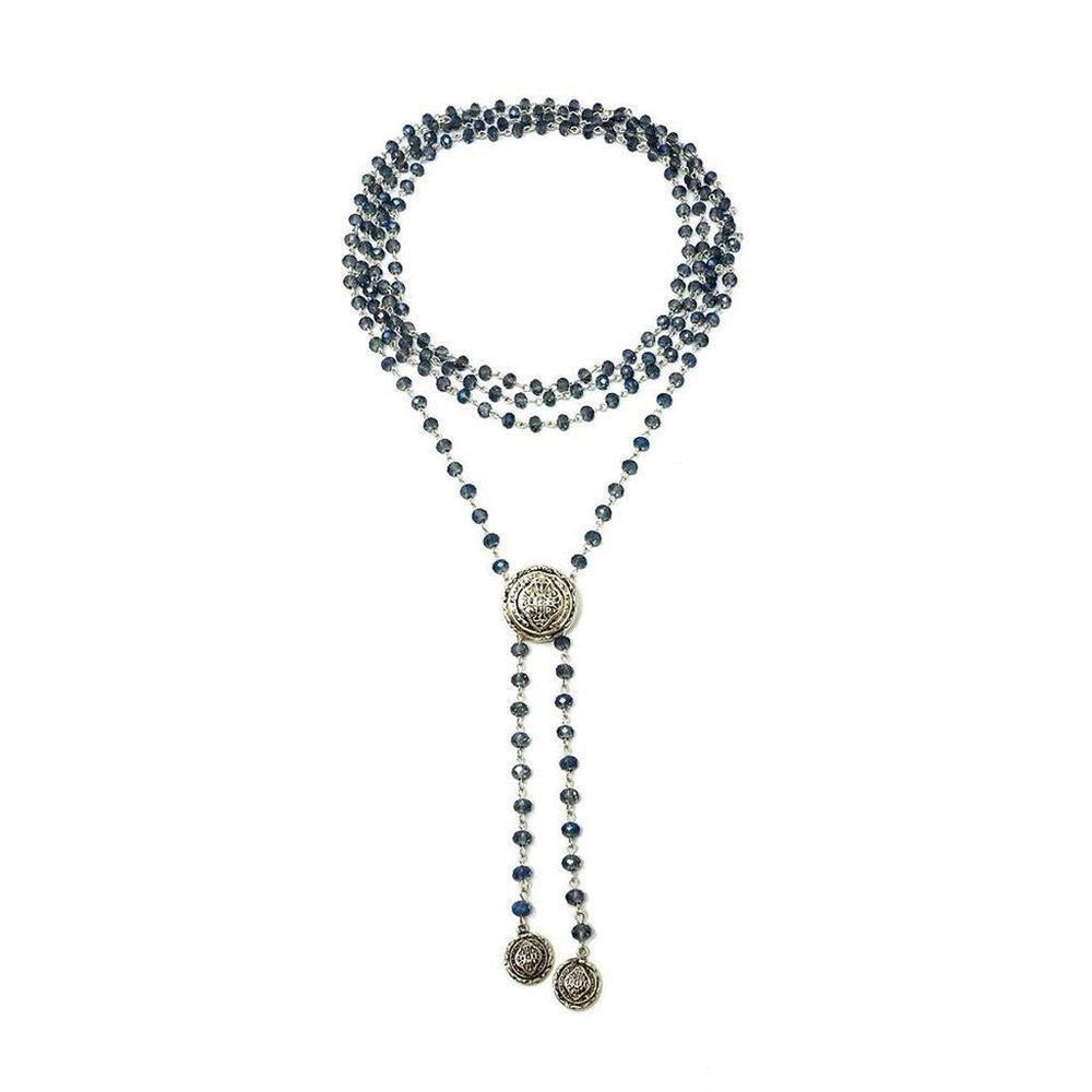 Blue beaded wrap necklace with silver accents.