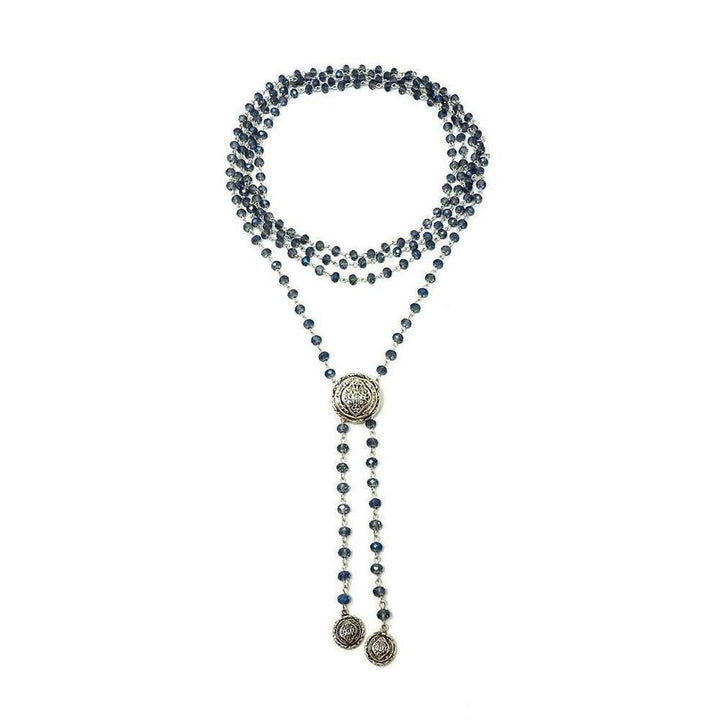 Blue beaded wrap necklace with silver accents.