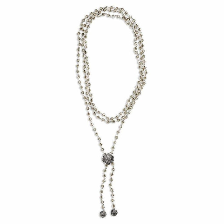 Smoky quartz beaded lariat necklace with antique silver accents.