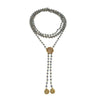 Flamenco Wrap necklace: Gray Labradorite gemstone & gold beaded lariat with antique coin accents.