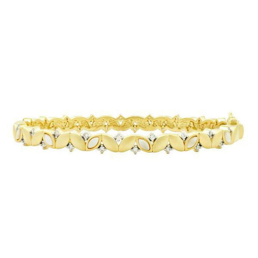 Gold Fleur Bloom bangle with white opal and diamond accents.