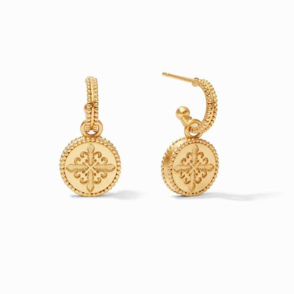 Gold fleur-de-lis charm earrings with textured hoops.