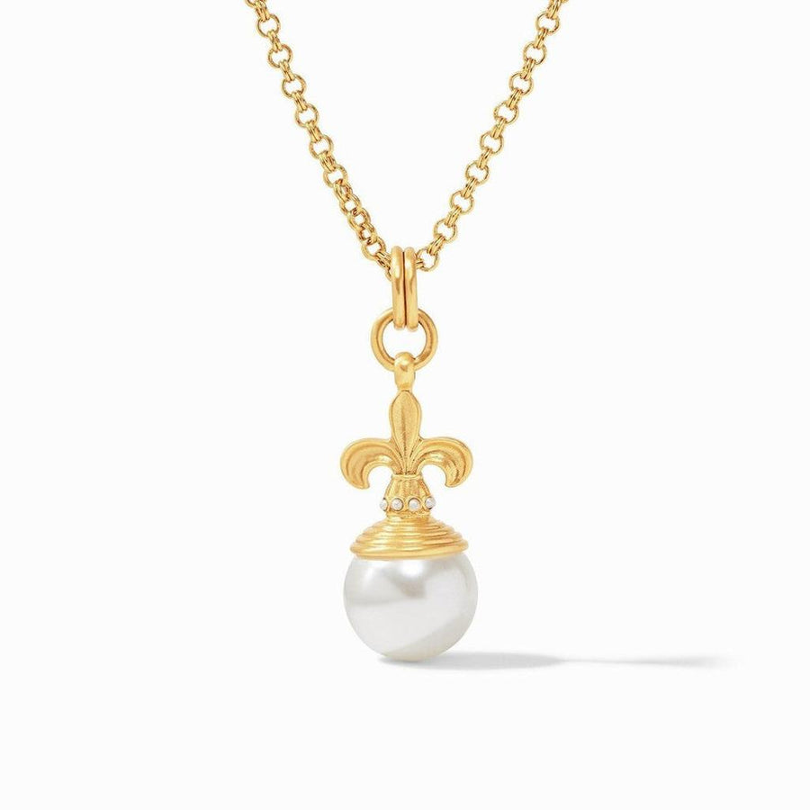 Gold Fleur-de-Lis pearl pendant necklace with shimmering accents.