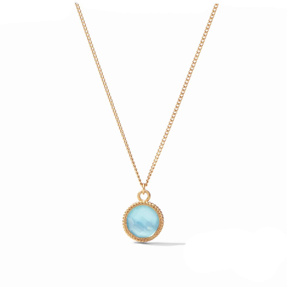 Gold chain necklace with light blue oval pendant