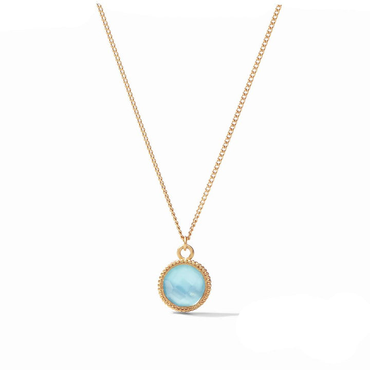 Gold chain necklace with light blue oval pendant