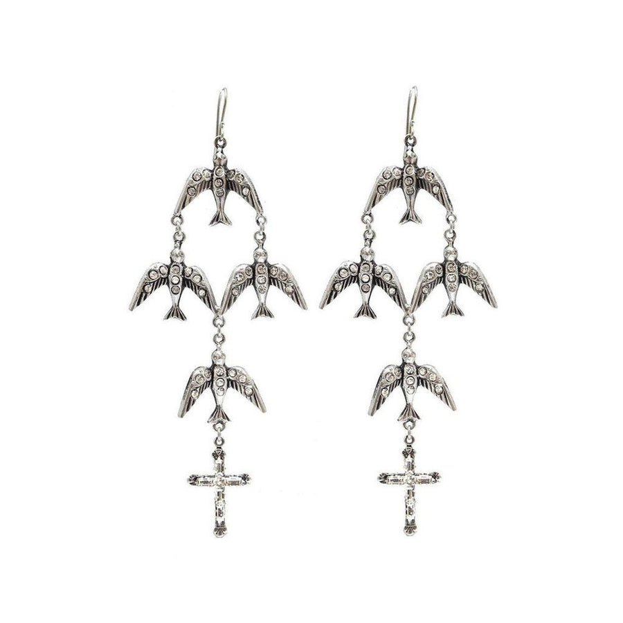 Flock of Aves earrings: Silver tone, crystal-accented birds & cross detail.