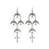 Flock of Aves earrings: Silver tone, crystal-accented birds & cross detail.