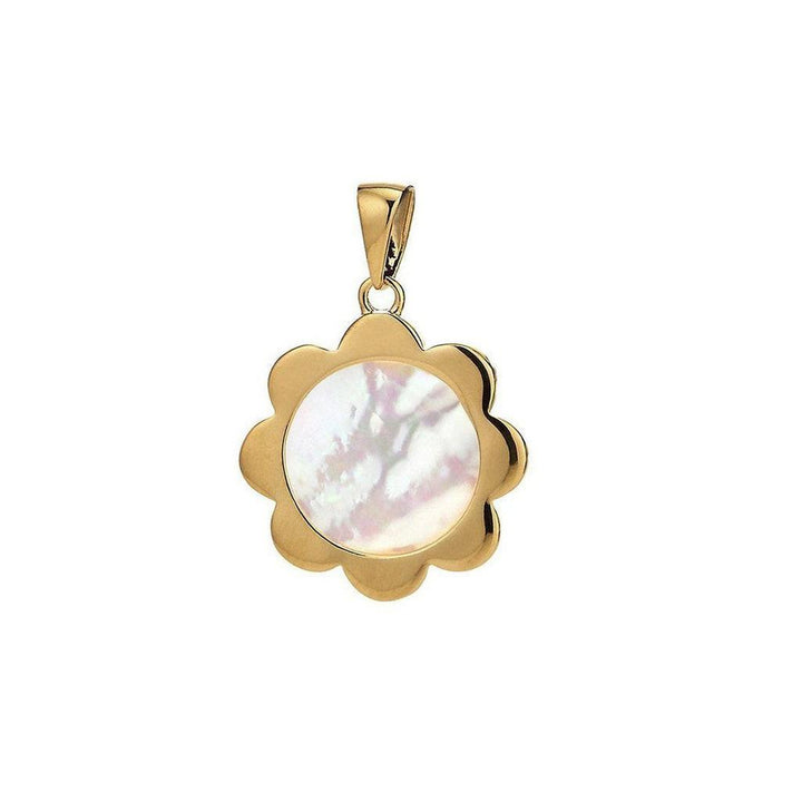 Gold flower charm pendant with iridescent mother-of-pearl inlay.