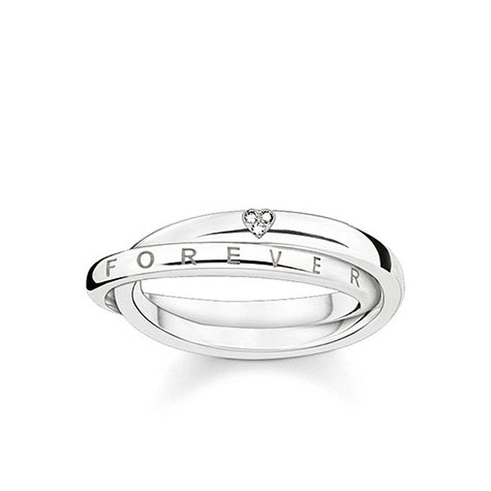 Forever Together diamond ring: sterling silver band, engraved "FOREVER," featuring a heart-shaped diamond accent.