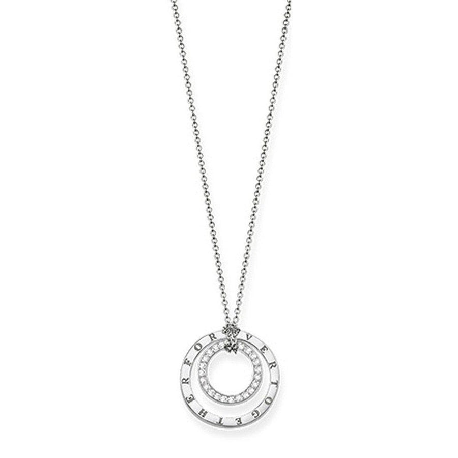 Forever Together necklace with interlocking circles, one set with diamonds, on a delicate chain.