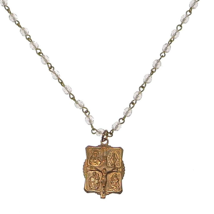 Gold Four Way Medal pendant on crystal rosary beads necklace