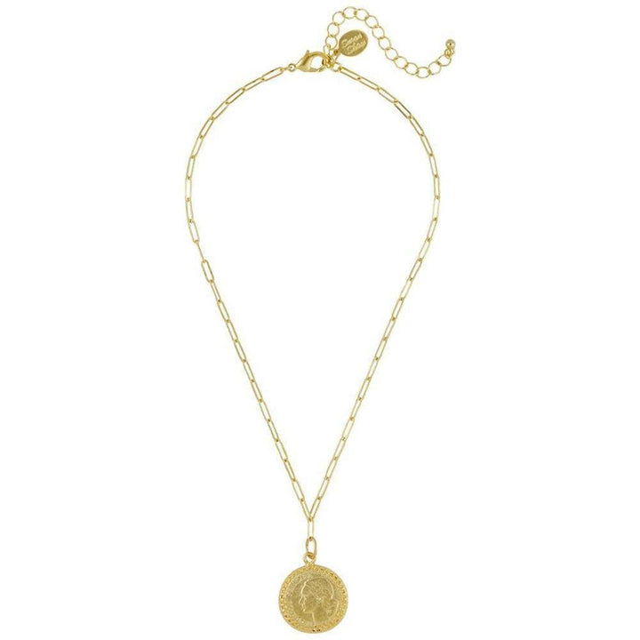 Gold coin pendant necklace with a paperclip chain.