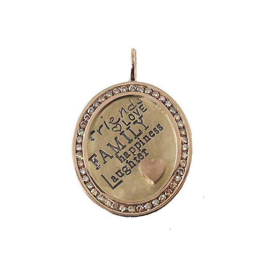 Rose gold Friends Love Family Happiness pendant with clear CZ stones, inscribed with sentiment.