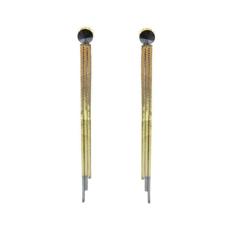 Long gold and silver fringe earrings with black crystal accents.