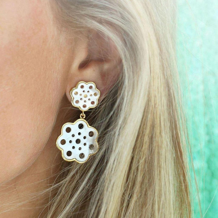 White and gold double-flower drop earrings, detailed pierced design.