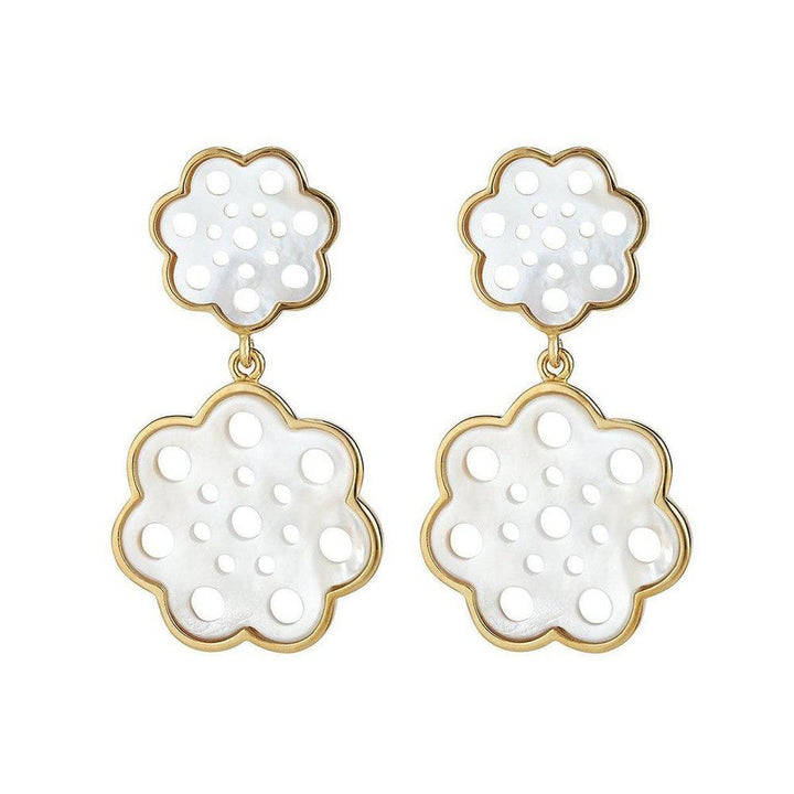 Gardenia double-flower drop earrings in white mother-of-pearl with gold accents.